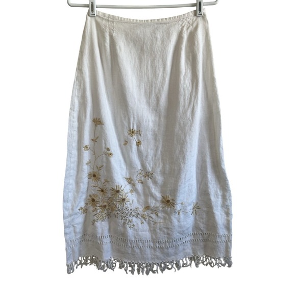 Liz Claiborne Skirt Women Size 4P VTG Y2K Linen White Embroidered Fringe - Picture 1 of 8